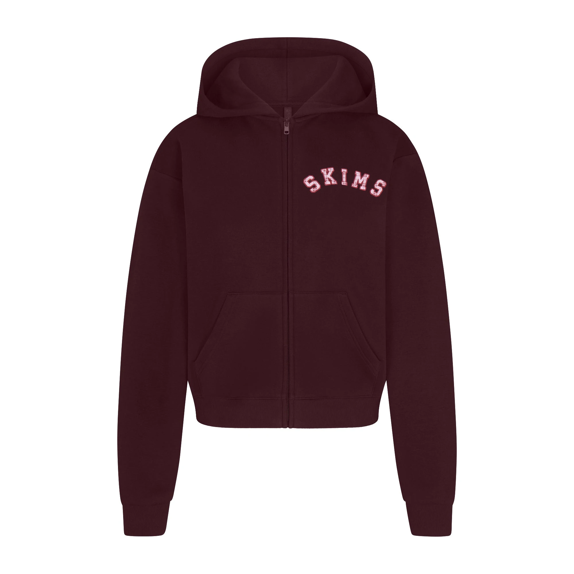 COTTON FLEECE CLASSIC ZIP UP HOODIE | CURRANT ARCHED SKIMS PLAID & LAYS FLAT ON A WHITE BACKGROUND | FLT