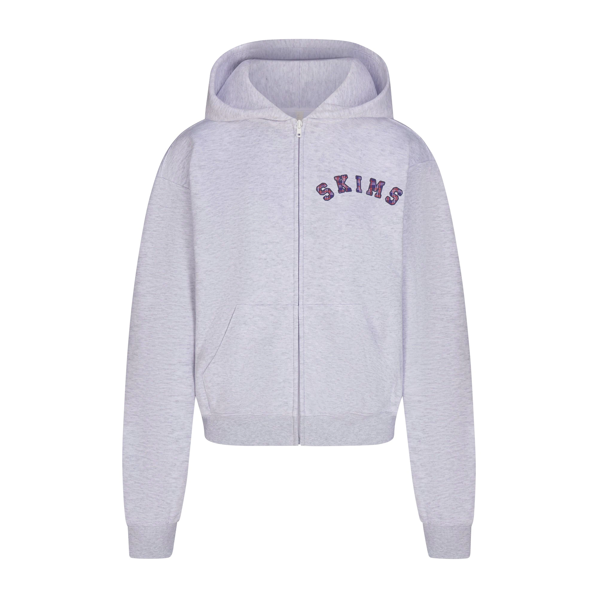 COTTON FLEECE CLASSIC ZIP UP HOODIE | LHG ARCHED SKIMS PLAID & LAYS FLAT ON A WHITE BACKGROUND | FLT