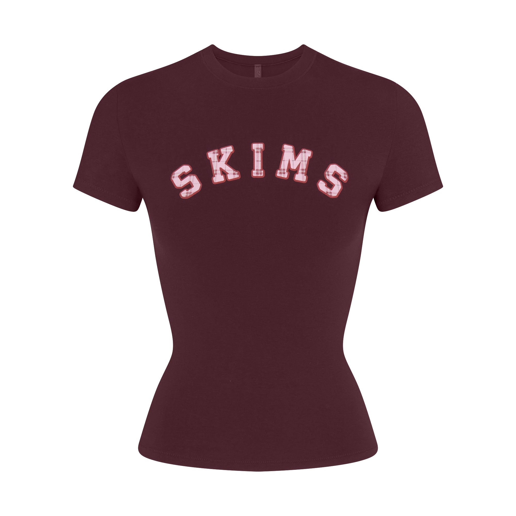 COTTON JERSEY LOGO T-SHIRT | CURRANT ARCHED SKIMS PLAID & LAYS FLAT ON A WHITE BACKGROUND | FLT