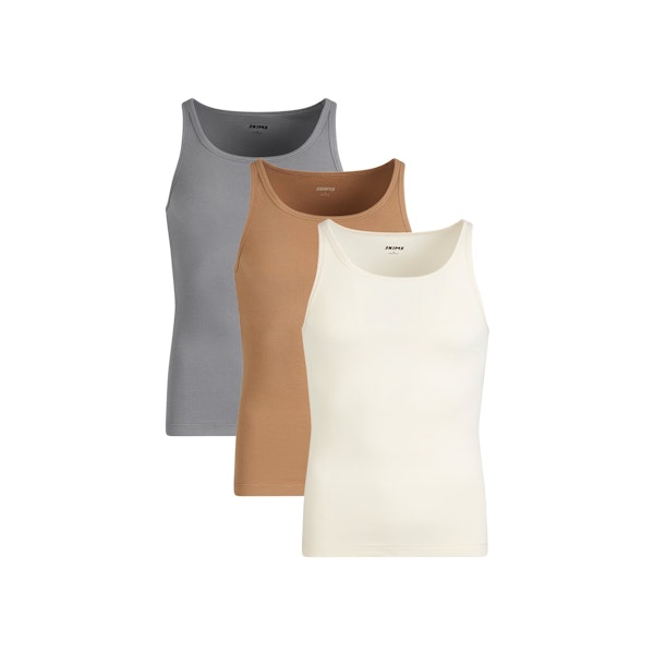 SKIMS COTTON MENS RIB TANK 3-PACK | ECRU RUSSET MULTI FLAT ON A WHITE BACKGROUND | FLT | FOCUS: 0.0, 1.0, 0.9