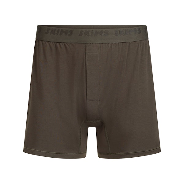 SKIMS STRETCH MENS KNIT BOXER | LODEN FLAT ON A WHITE BACKGROUND | FLT