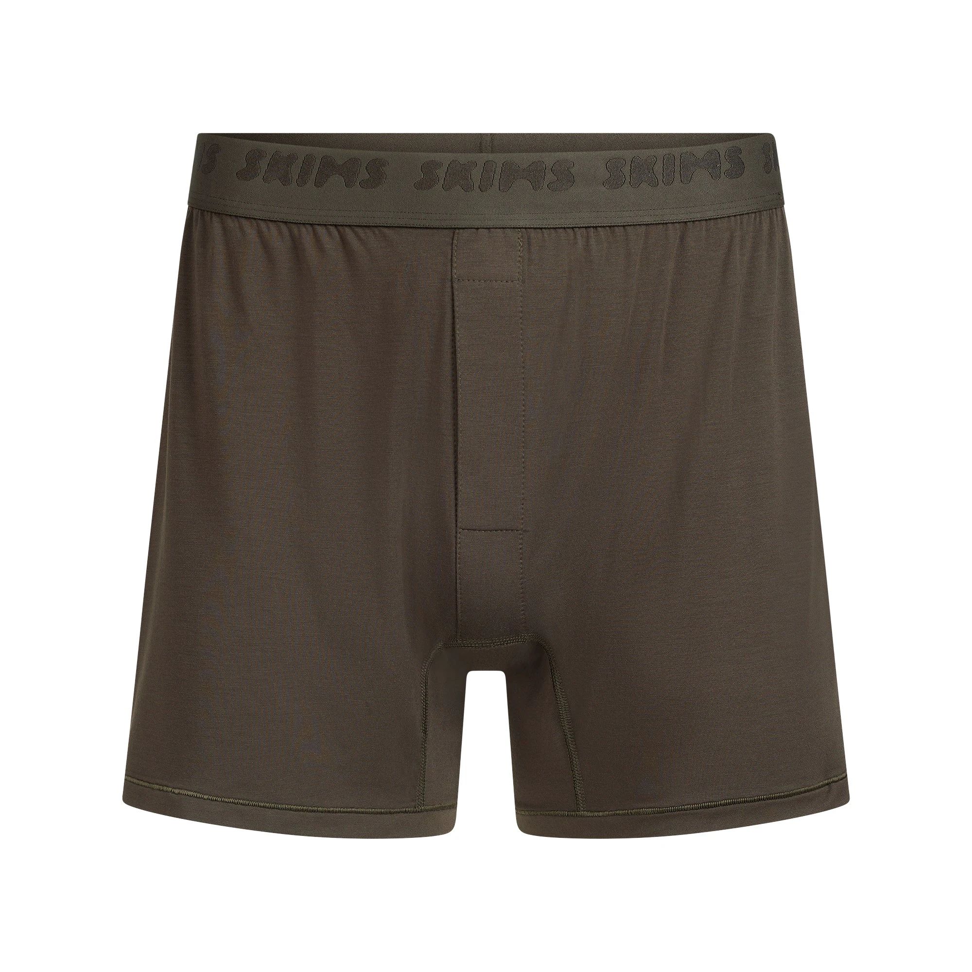 SKIMS STRETCH MENS KNIT BOXER | LODEN FLAT ON A WHITE BACKGROUND | FLT