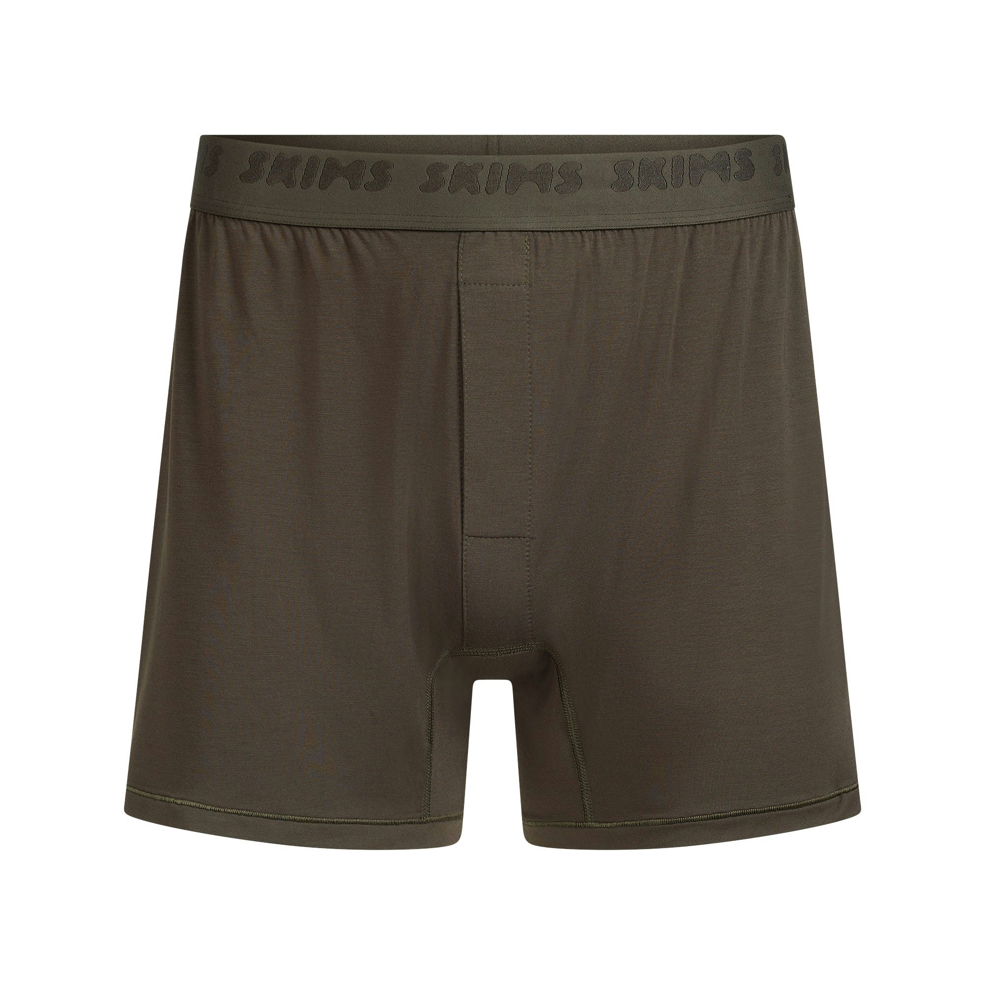SKIMS STRETCH MENS KNIT BOXER | LODEN FLAT ON A WHITE BACKGROUND | FLT