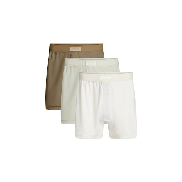 SKIMS COTTON MENS KNIT BOXER 3-PACK | ARMY MULTI FLAT ON A WHITE BACKGROUND | FLT | FOCUS: 0.0, 1.0, 0.9