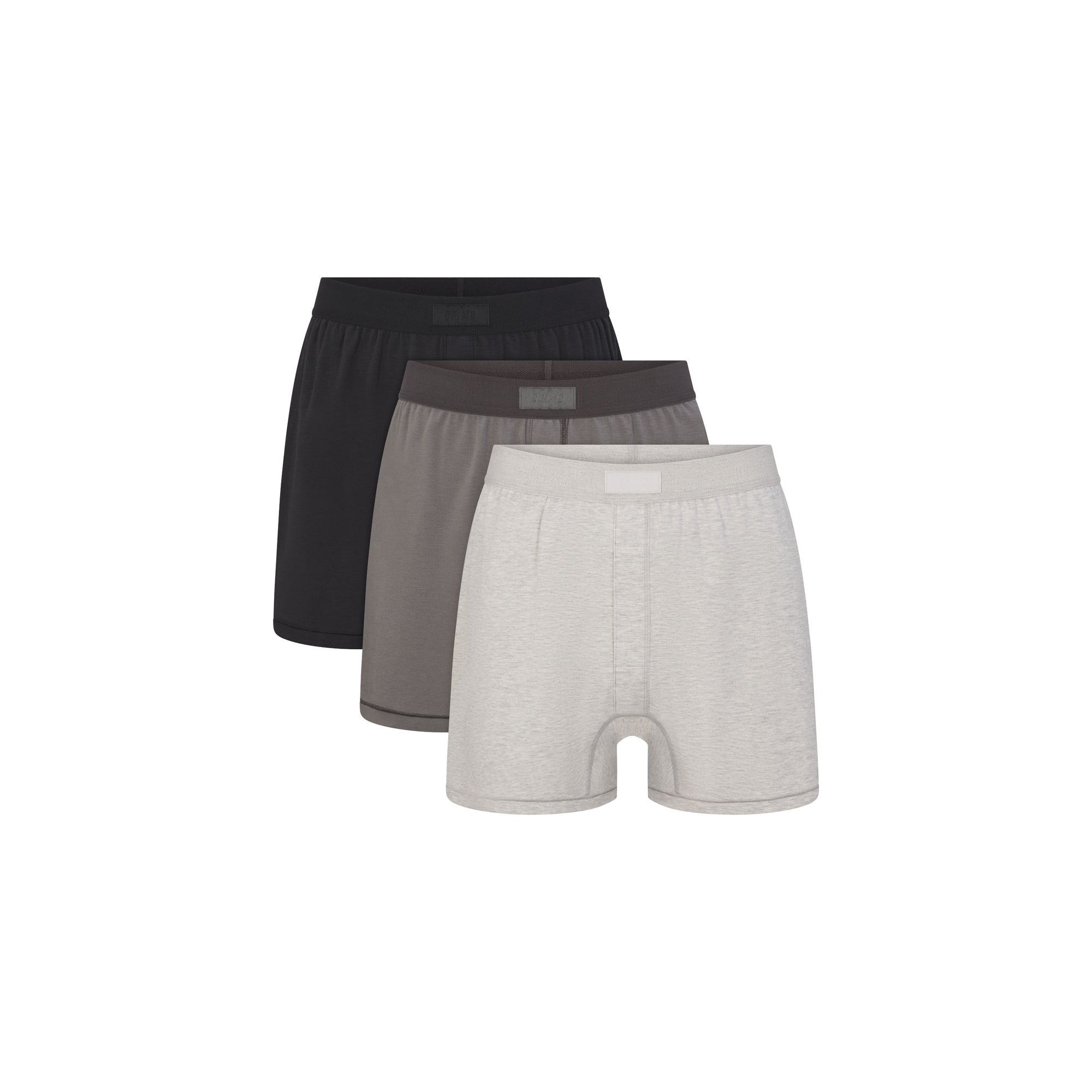 SKIMS COTTON MENS KNIT BOXER 3-PACK | HEATHER MULTI FLAT ON A WHITE BACKGROUND | FLT | FOCUS: 0.0, 1.0, 0.9