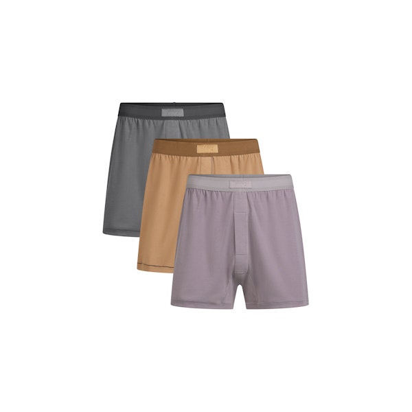SKIMS COTTON MENS KNIT BOXER 3-PACK | RUSSET MULTI FLAT ON A WHITE BACKGROUND | FLT | FOCUS: 0.0, 1.0, 0.9