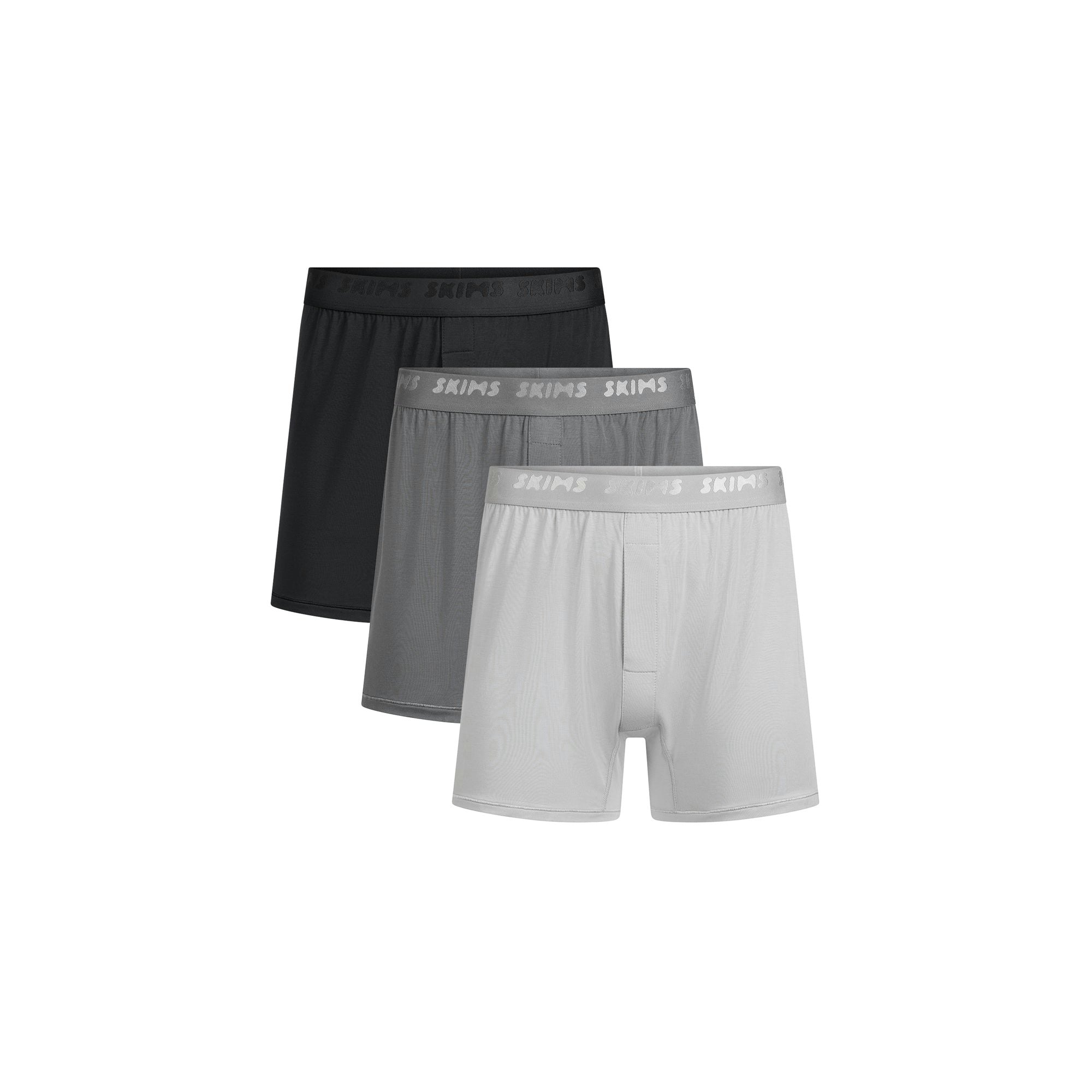 SKIMS STRETCH MENS KNIT BOXER 3-PACK | GUNMETAL MULTI FLAT ON A WHITE BACKGROUND | FLT | FOCUS: 0.0, 1.0, 0.9