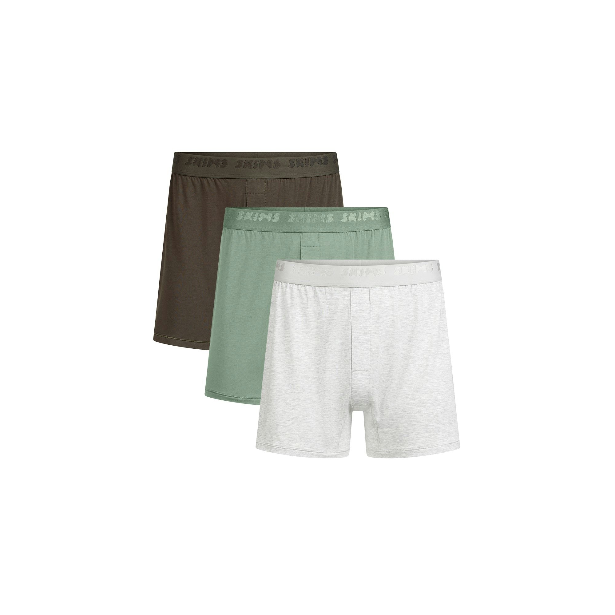 SKIMS STRETCH MENS KNIT BOXER 3-PACK | LAUREL MULTI FLAT ON A WHITE BACKGROUND | FLT @ | FOCUS: 0.0, 1.0, 0.9