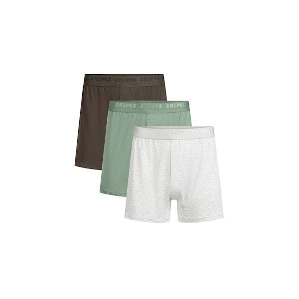 SKIMS STRETCH MENS KNIT BOXER 3-PACK | LAUREL MULTI FLAT ON A WHITE BACKGROUND | FLT @ | FOCUS: 0.0, 1.0, 0.9