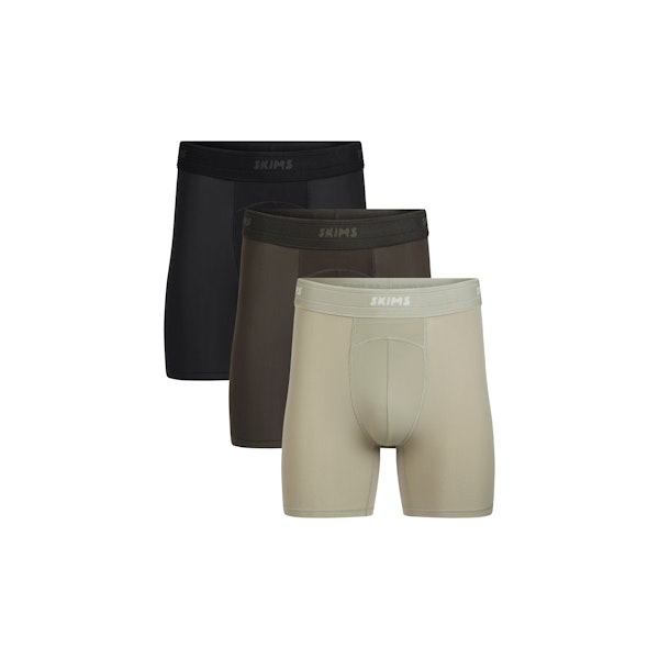 SKIMS SPORT MENS 5" BOXER BRIEF 3-PACK | DUNE MULTI FLAT ON A WHITE BACKGROUND | FLT | FOCUS: 0.0, 1.0, 0.9