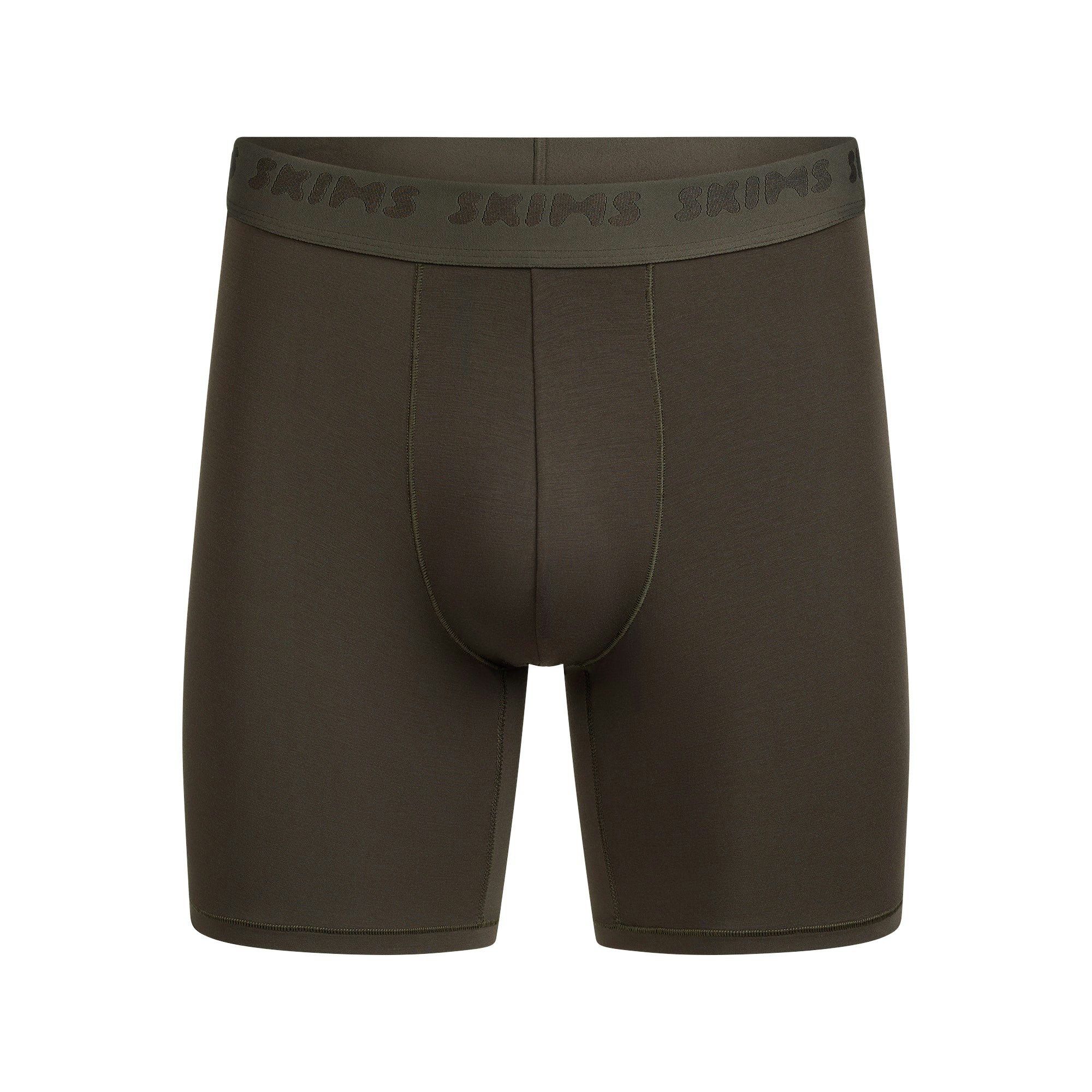 SKIMS STRETCH MENS 5" BOXER BRIEF | LODEN FLAT ON A WHITE BACKGROUND | FLT