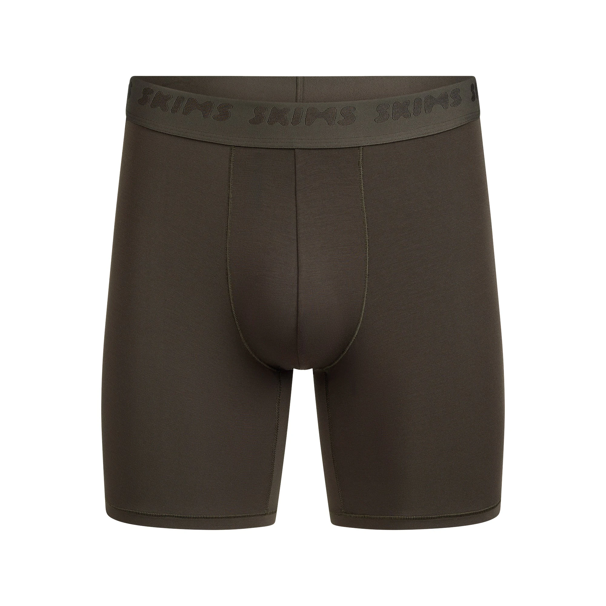 SKIMS STRETCH MENS 5" BOXER BRIEF | LODEN FLAT ON A WHITE BACKGROUND | FLT