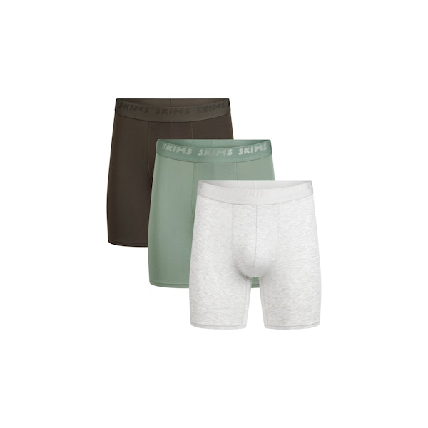 SKIMS STRETCH MENS 5" BOXER BRIEF 3-PACK | LAUREL MULTI FLAT ON A WHITE BACKGROUND | FLT | FOCUS: 0.0, 1.0, 0.9