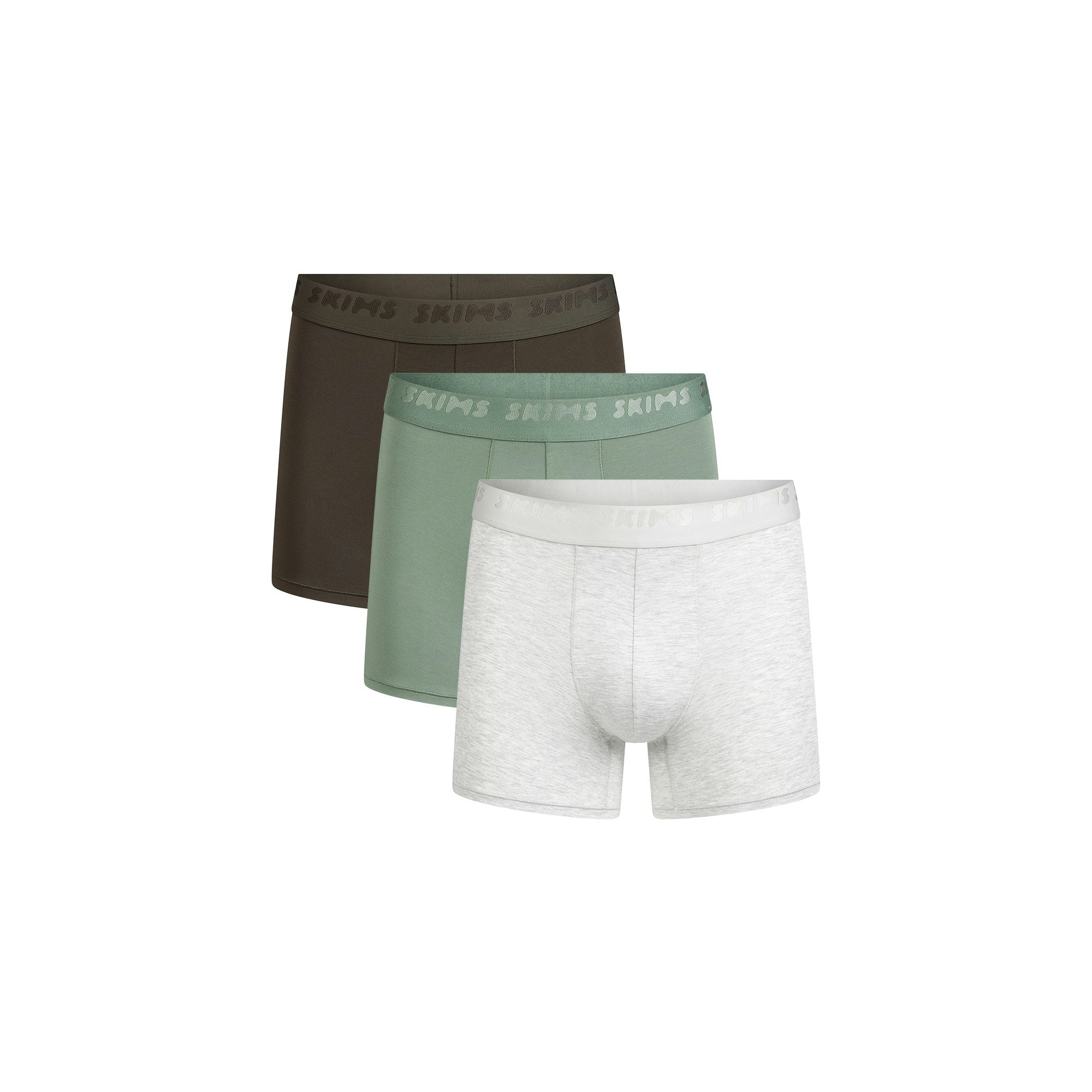 SKIMS STRETCH MENS 3" BOXER BRIEF 3-PACK | LAUREL MULTI FLAT ON A WHITE BACKGROUND | FLT | FOCUS: 0.0, 1.0, 0.9
