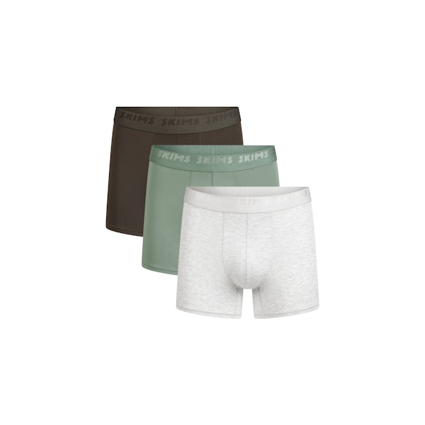 SKIMS STRETCH MENS 3" BOXER BRIEF 3-PACK | LAUREL MULTI FLAT ON A WHITE BACKGROUND | FLT | FOCUS: 0.0, 1.0, 0.9