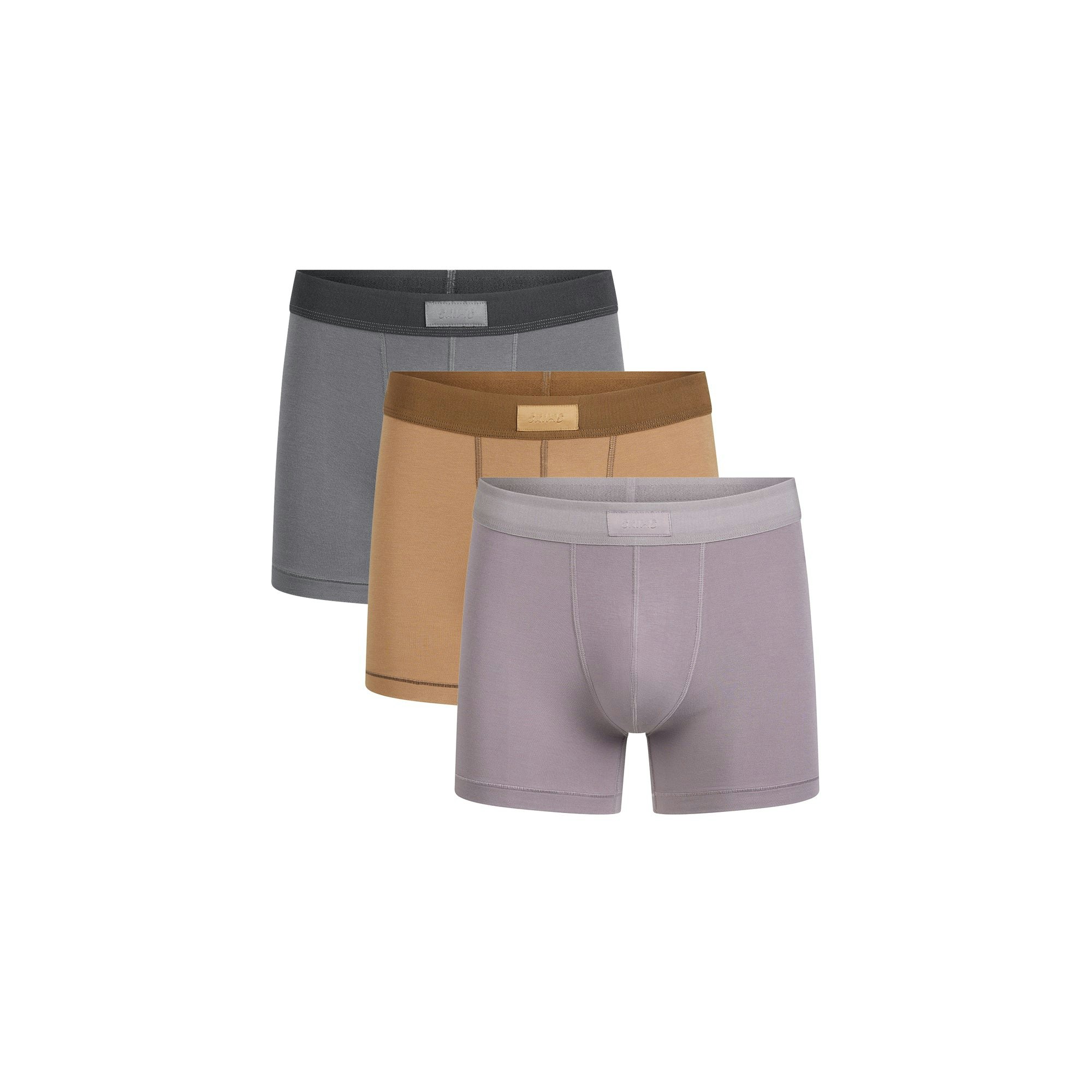 SKIMS COTTON MENS 3" BOXER BRIEF 3-PACK | RUSSET MULTI FLAT ON A WHITE BACKGROUND | FLT | FOCUS: 0.0, 1.0, 0.9