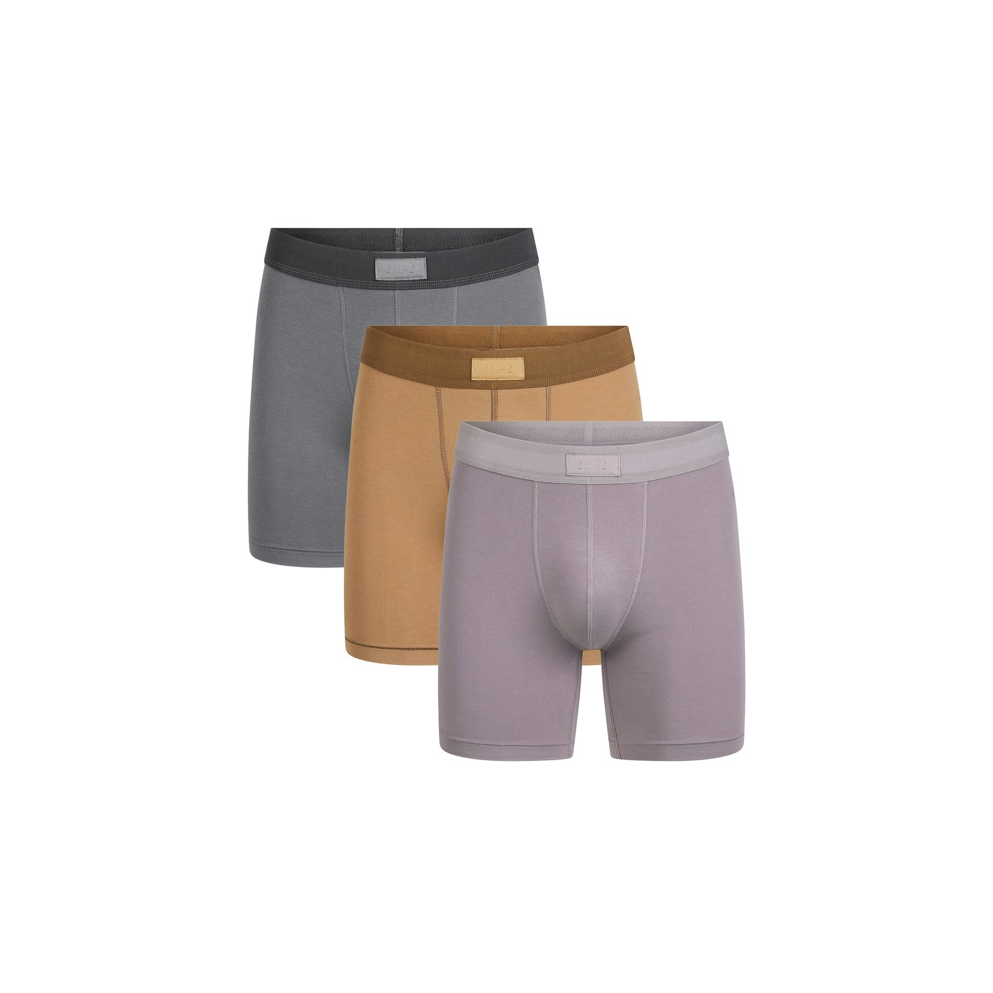 SKIMS COTTON MENS 5" BOXER BRIEF 3-PACK | RUSSET MULTI FLAT ON A WHITE BACKGROUND | FLT | FOCUS: 0.0, 1.0, 0.9