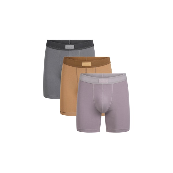 SKIMS COTTON MENS 5" BOXER BRIEF 3-PACK | RUSSET MULTI FLAT ON A WHITE BACKGROUND | FLT | FOCUS: 0.0, 1.0, 0.9