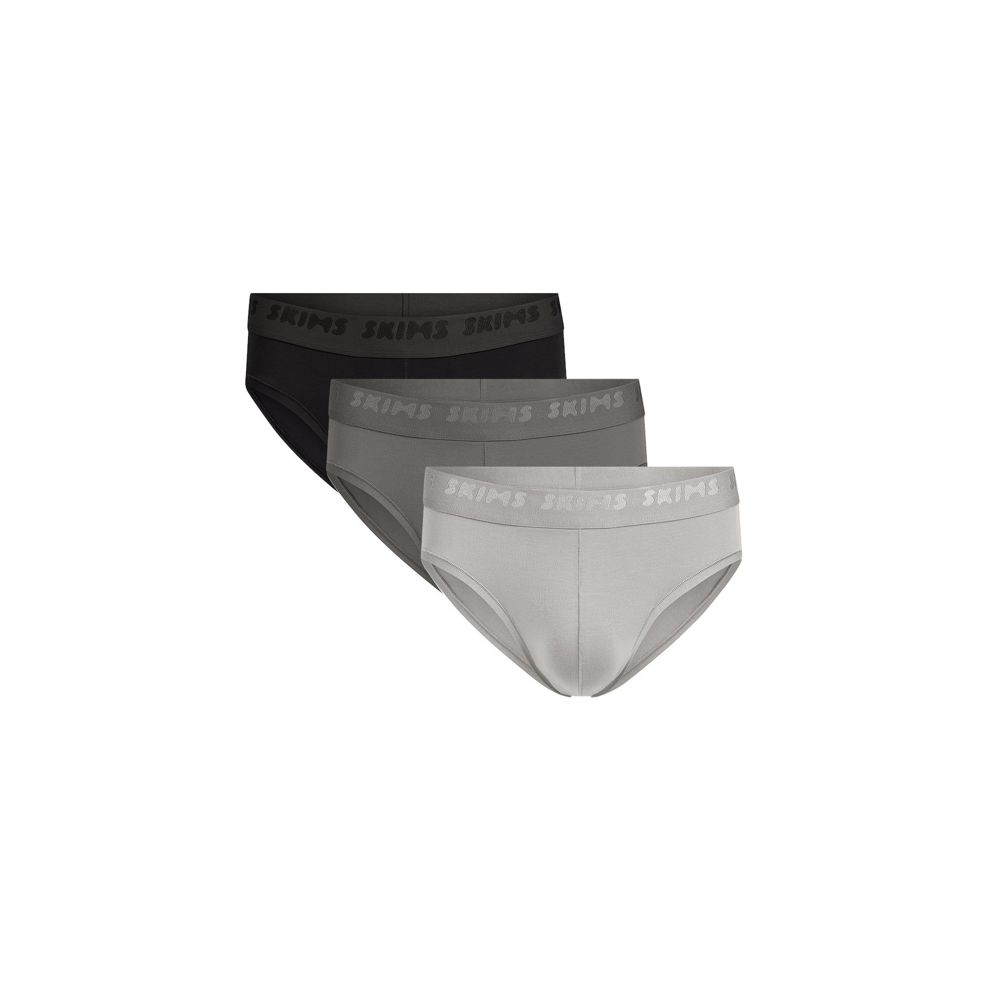 SKIMS STRETCH MENS BRIEF 3-PACK | GUNMETAL MULTI FLAT ON A WHITE BACKGROUND | FLT @ | FOCUS: 0.0, 1.0, 0.9