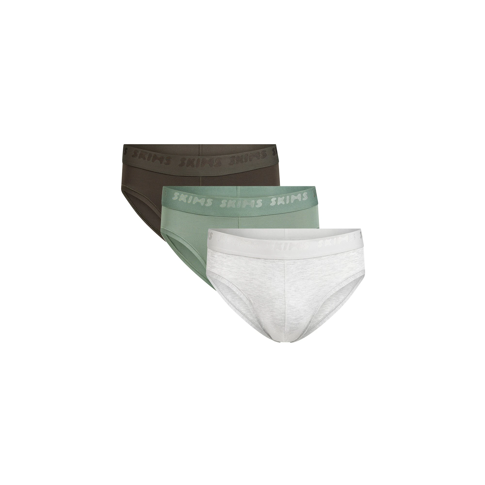 SKIMS STRETCH MENS BRIEF 3-PACK | LAUREL MULTI FLAT ON A WHITE BACKGROUND | FLT | FOCUS: 0.0, 1.0, 0.9