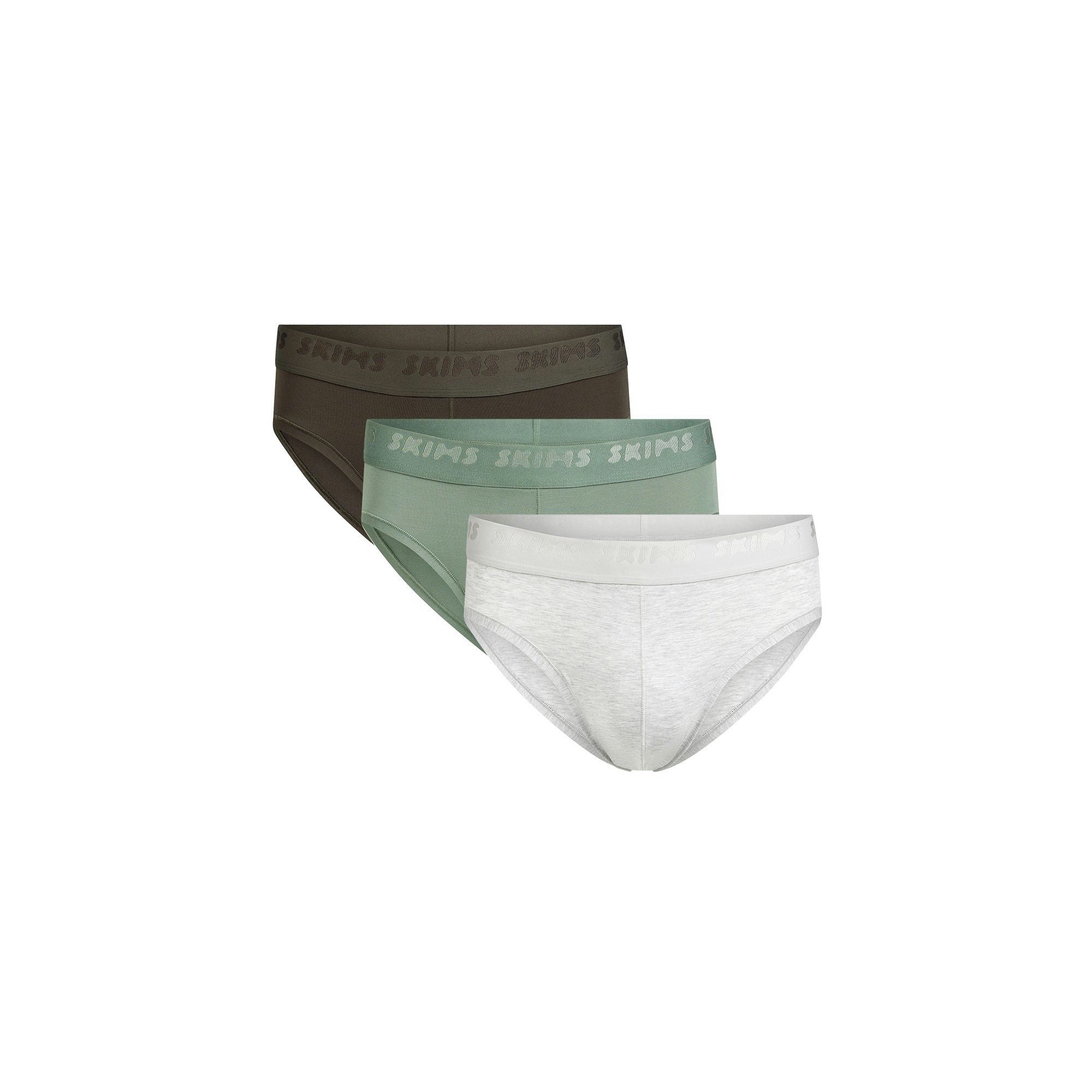 SKIMS STRETCH MENS BRIEF 3-PACK | LAUREL MULTI FLAT ON A WHITE BACKGROUND | FLT | FOCUS: 0.0, 1.0, 0.9