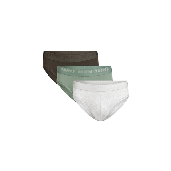 SKIMS STRETCH MENS BRIEF 3-PACK | LAUREL MULTI FLAT ON A WHITE BACKGROUND | FLT | FOCUS: 0.0, 1.0, 0.9