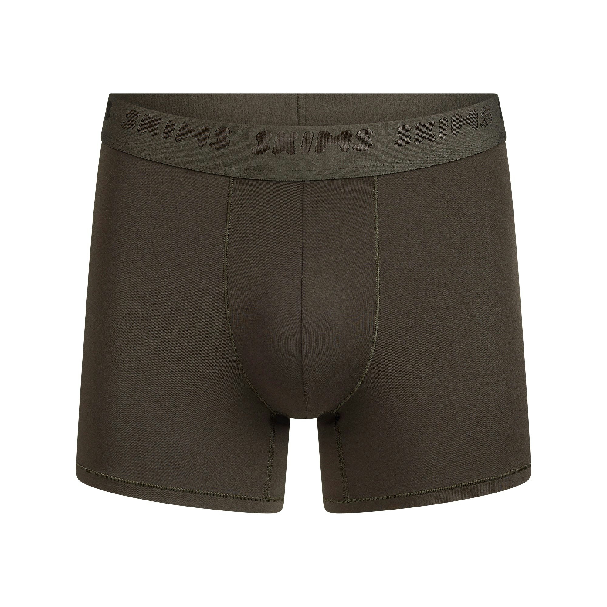 SKIMS STRETCH MENS 3" BOXER BRIEF | LODEN FLAT ON A WHITE BACKGROUND | FLT