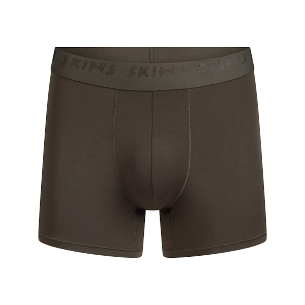 SKIMS STRETCH MENS 3" BOXER BRIEF | LODEN FLAT ON A WHITE BACKGROUND | FLT