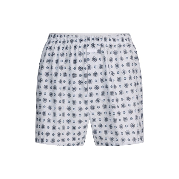 COTTON POPLIN MENS BOXER | PLATINUM FOULARD PRINT FLAT ON A WHITE BACKGROUND | FLT
