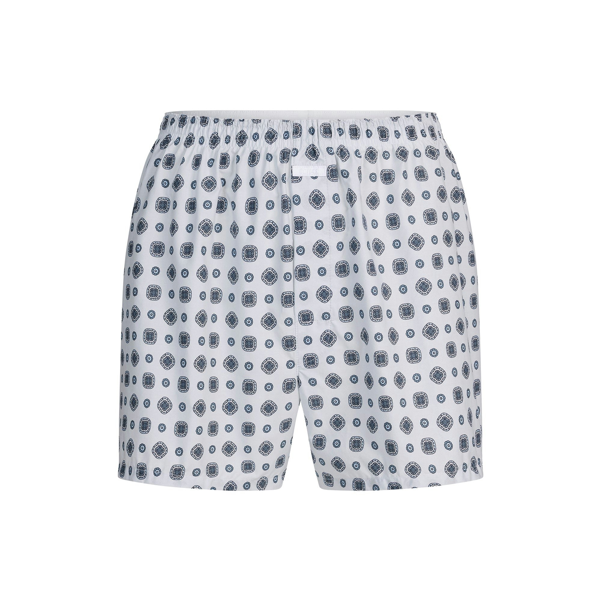 COTTON POPLIN MENS BOXER | PLATINUM FOULARD PRINT FLAT ON A WHITE BACKGROUND | FLT