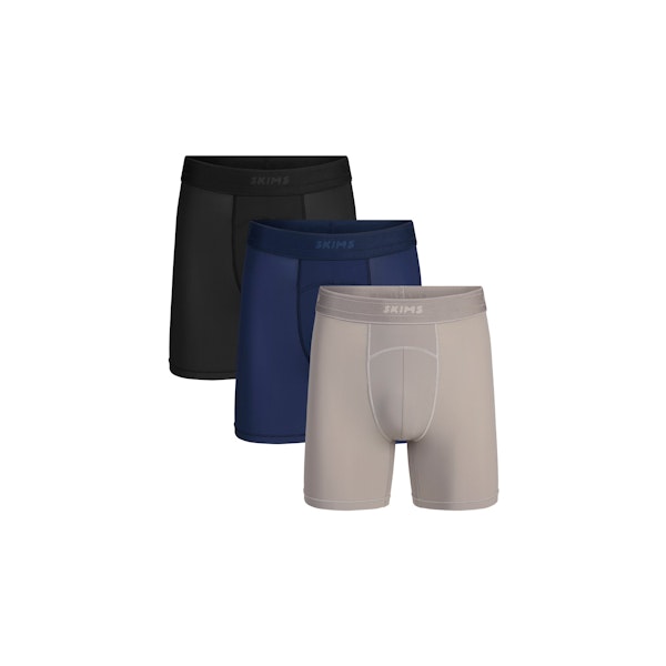 SKIMS SPORT MENS 5 INCH BOXER BRIEF 3-PACK | NAVY SMOKE MULTI FLAT ON A WHITE BACKGROUND | FOCUS: 0.9, 0.1, 0.7