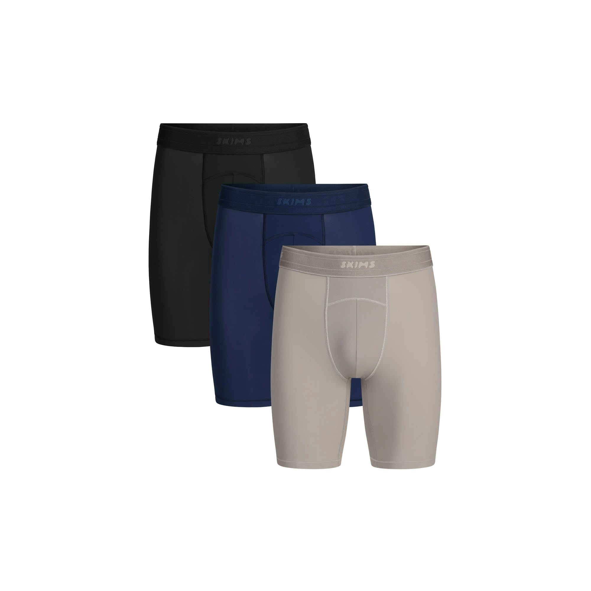SKIMS SPORT MENS 7 INCH BOXER BRIEF 3-PACK | NAVY SMOKE MULTI FLAT ON A WHITE BACKGROUND | FLT | FOCUS: 0.9, 0.1, 0.7