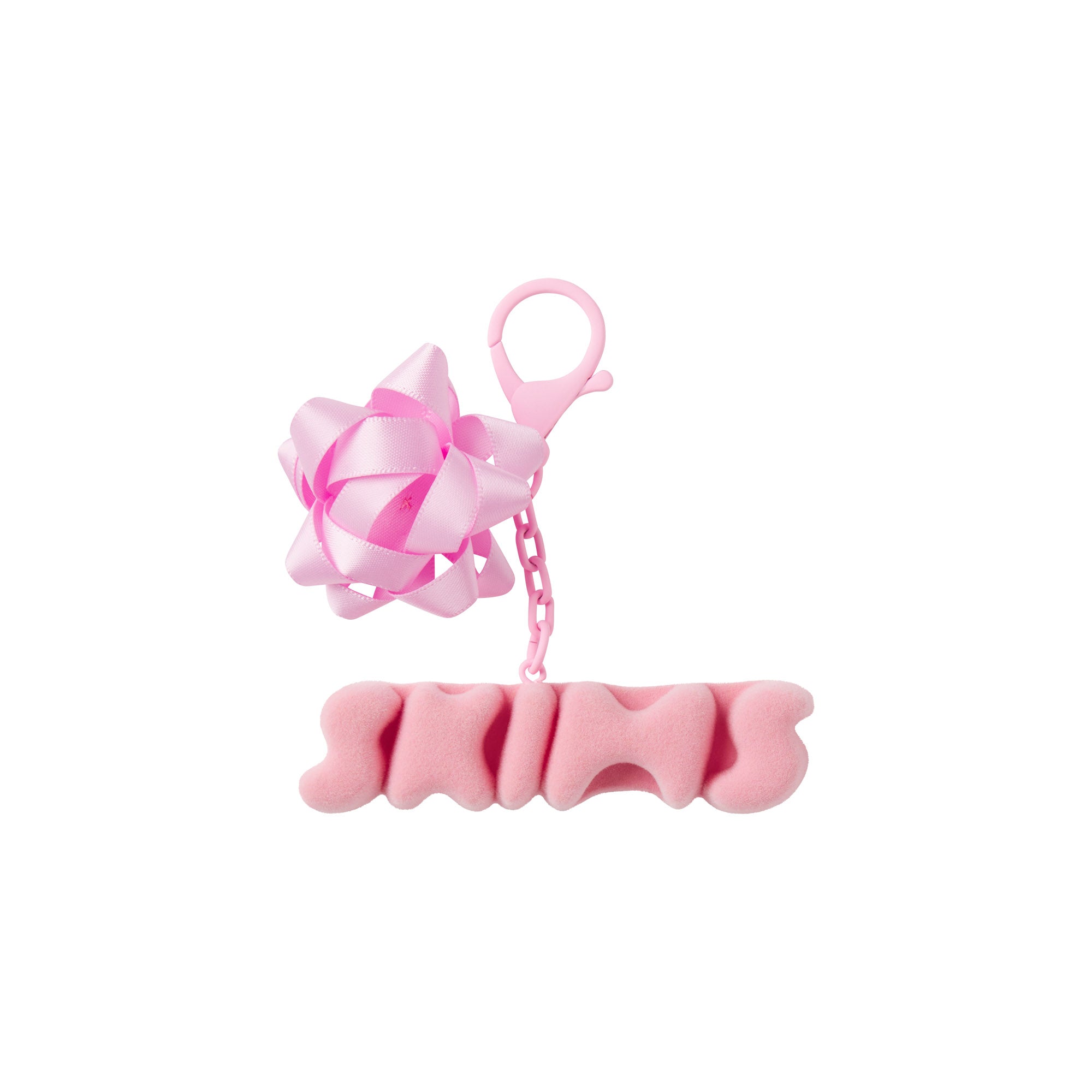 FAUX FUR SKIMS BOW KEYCHAIN | BUBBLE GUM FLAT ON A WHITE BACKGROUND | FLT @ | FOCUS: 0.0, 1.0, 0.9