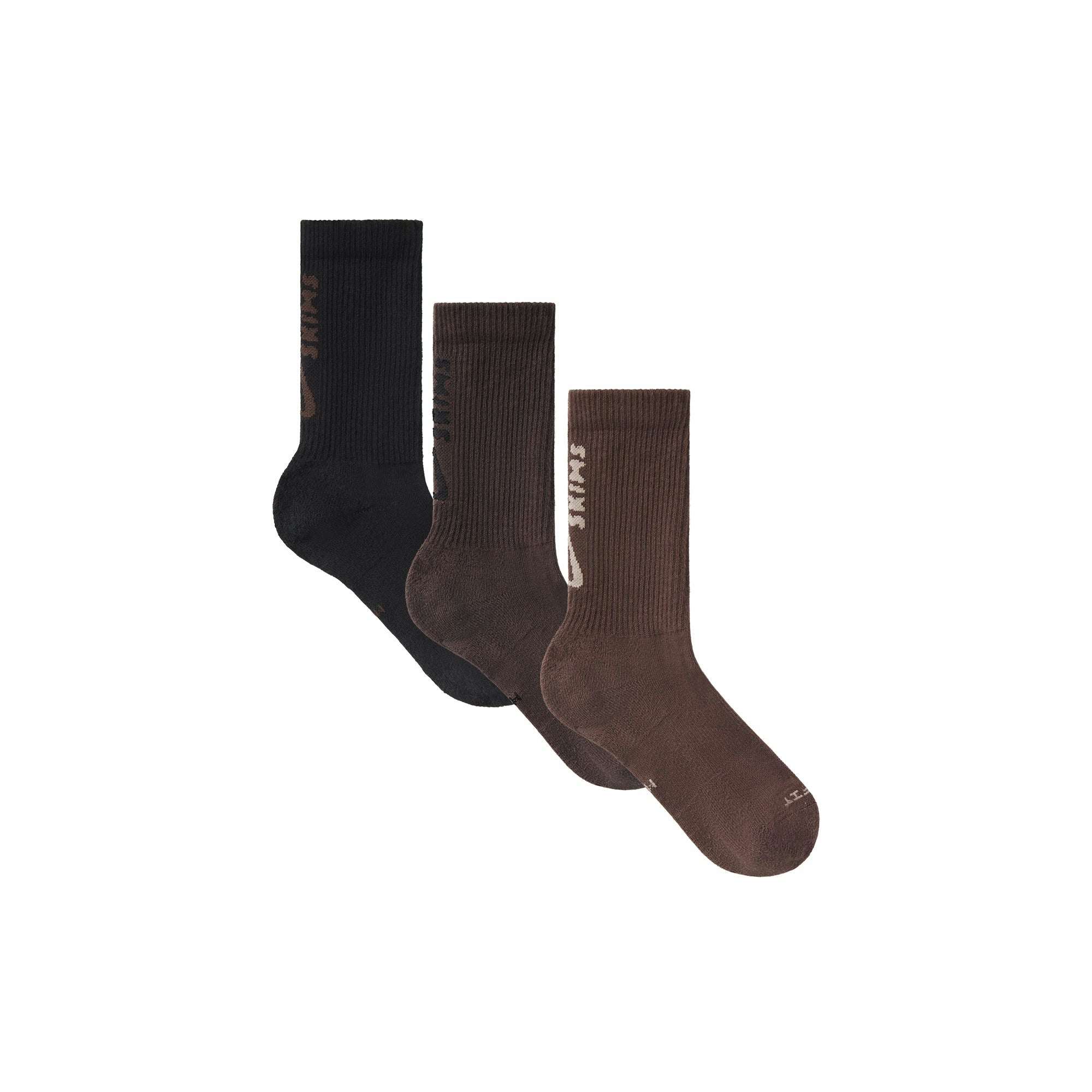 NikeSKIMS ACCESSORIES DRI-FIT CREW SOCK 3-PACK | DARK SEPIA MULTI FLAT ON A WHITE BACKGROUND | FLT