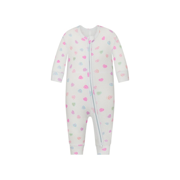 SOFT LOUNGE BABY ONESIE | CLOUD CANDY HEART PRINT FLAT ON A WHITE BACKGROUND | FLT