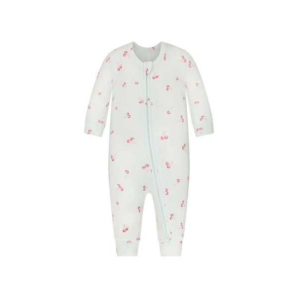 SKIMS SLEEP BABY ONESIE | CLOUD CHERRY PRINT FLAT ON A WHITE BACKGROUND | FLT