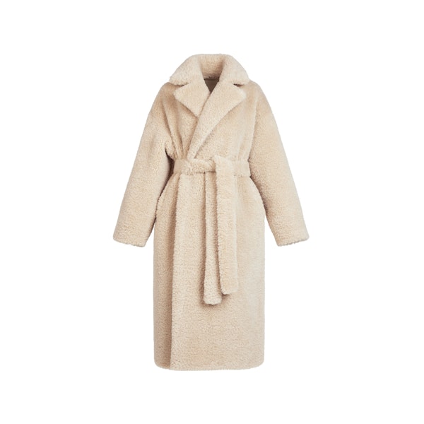 FAUX FUR OVERSIZED LONG COAT | CHAMPAGNE FLAT ON A WHITE BACKGROUND | FLT