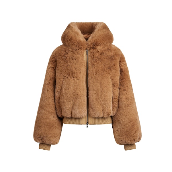 FAUX FUR ZIP UP JACKET | CAMEL FLAT ON A WHITE BACKGROUND | FLT