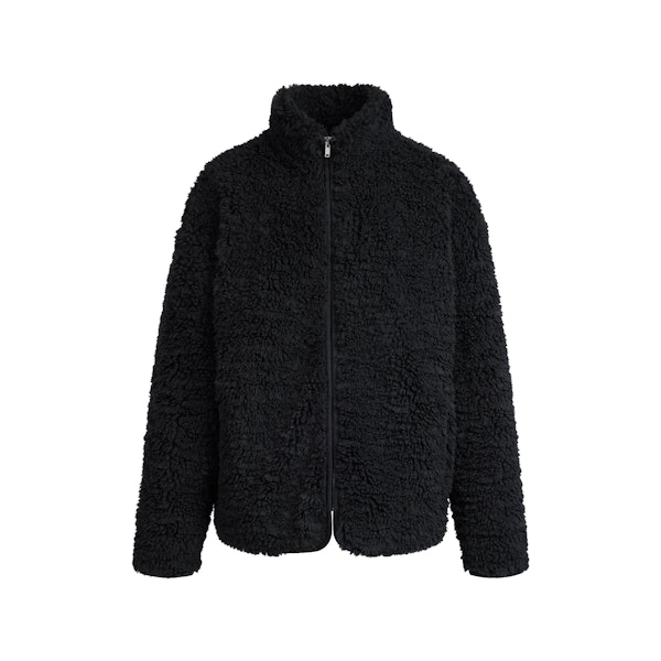 FAUX FUR OVERSIZED MOCK NECK JACKET | ONYX FLAT ON A WHITE BACKGROUND | FLT