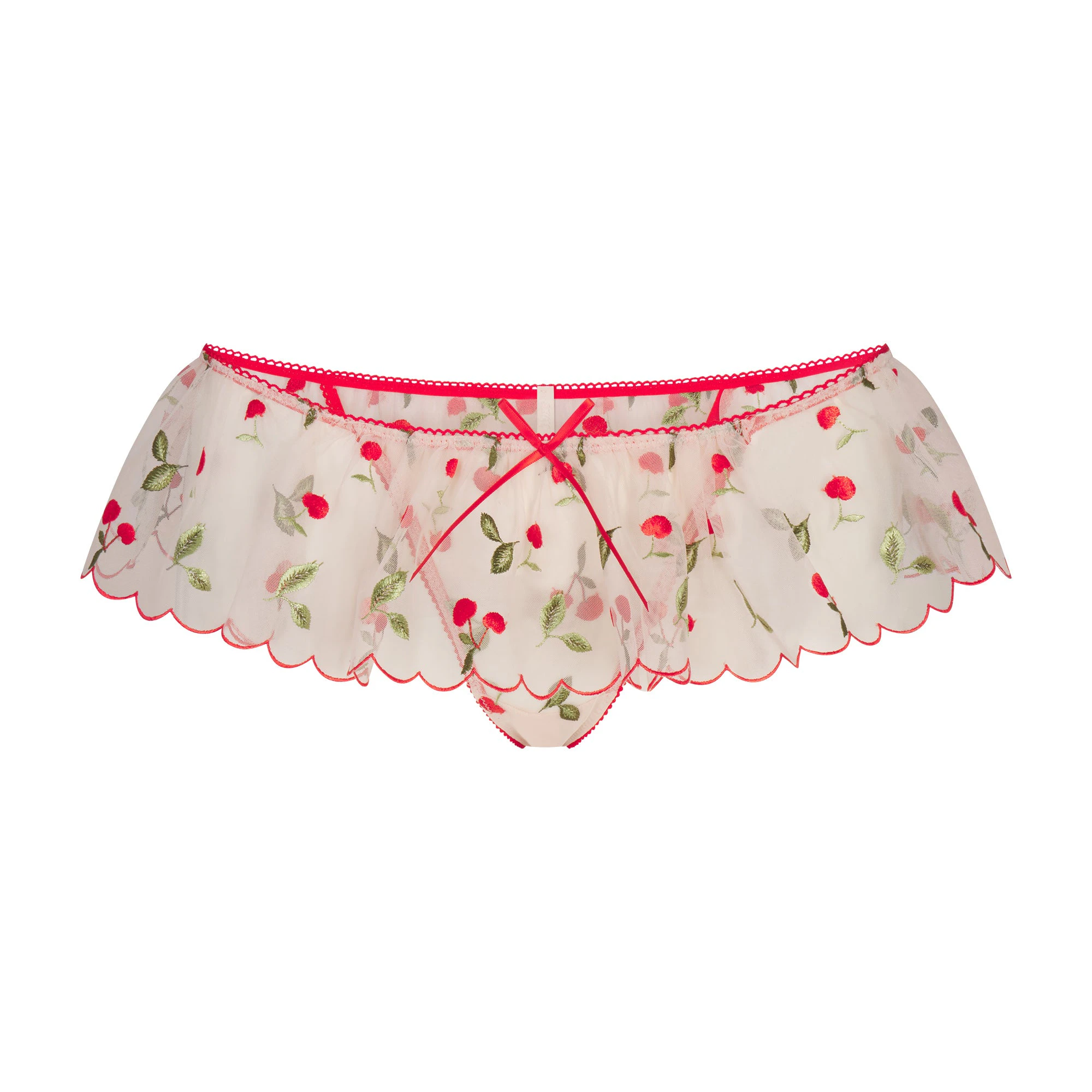 EMBROIDERED TULLE SKIRT BIKINI | PRIMROSE CHERRY TULLE FLAT ON A WHITE BACKGROUND | FLT