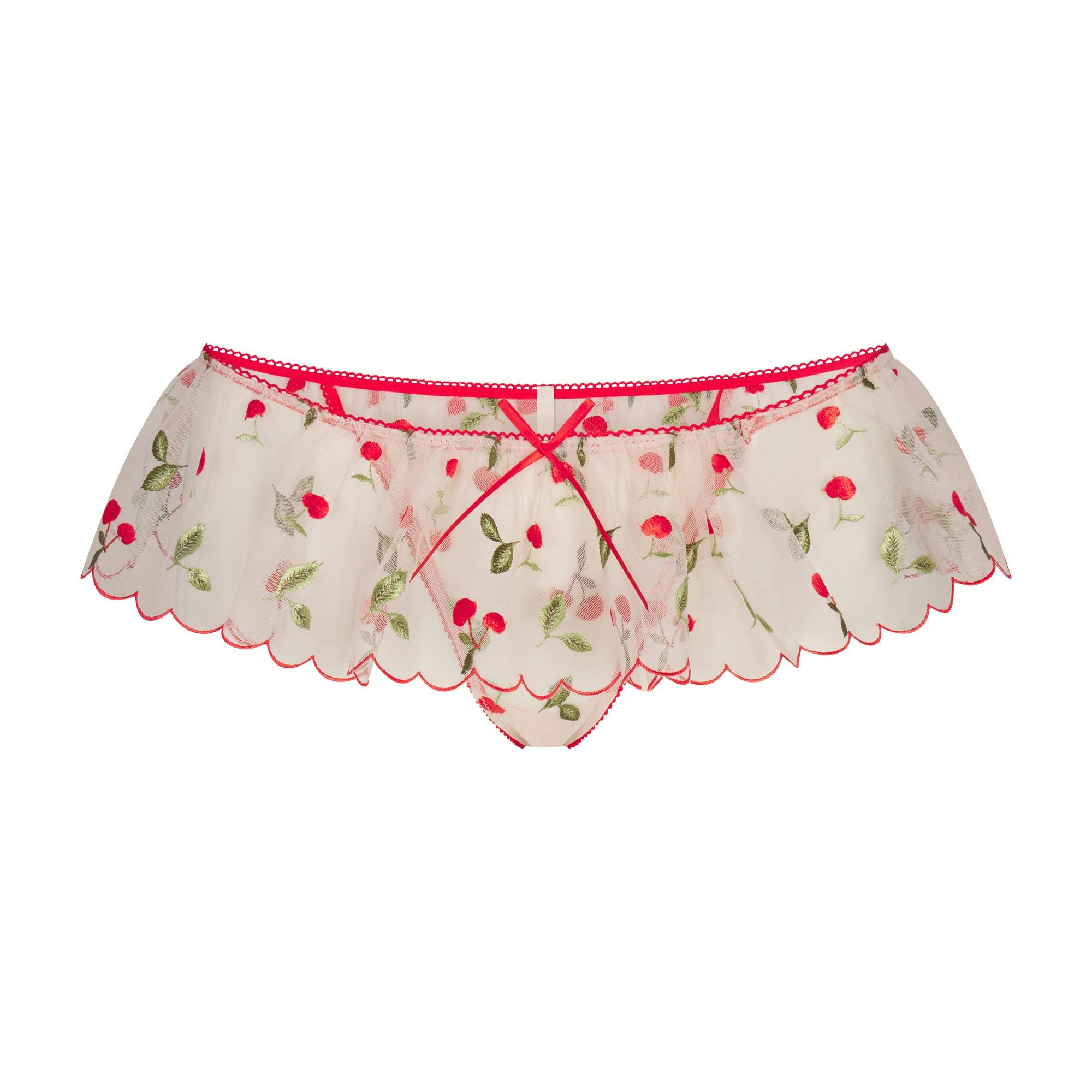 EMBROIDERED TULLE SKIRT BIKINI | PRIMROSE CHERRY TULLE FLAT ON A WHITE BACKGROUND | FLT
