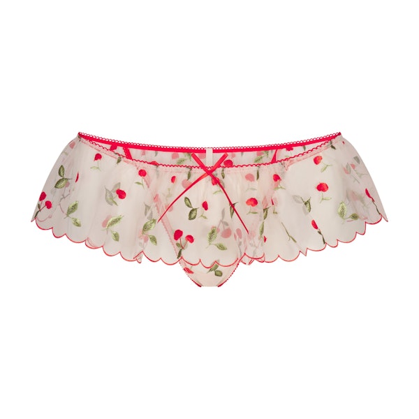 EMBROIDERED TULLE SKIRT BIKINI | PRIMROSE CHERRY TULLE FLAT ON A WHITE BACKGROUND | FLT
