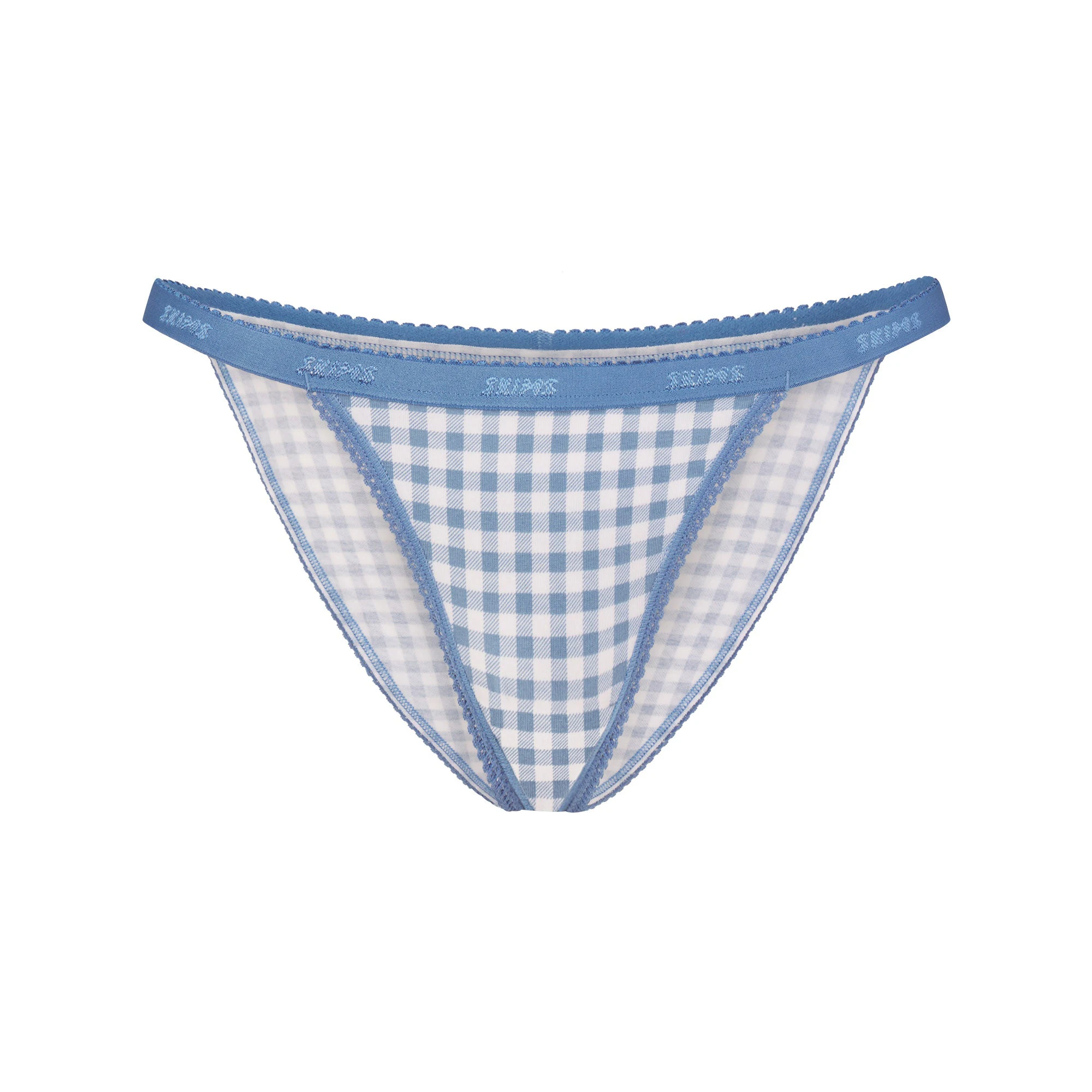 LIGHTWEIGHT COTTON LOGO PICOT STRING BIKINI | ARCTIC GINGHAM FLAT ON A WHITE BACKGROUND | FLT