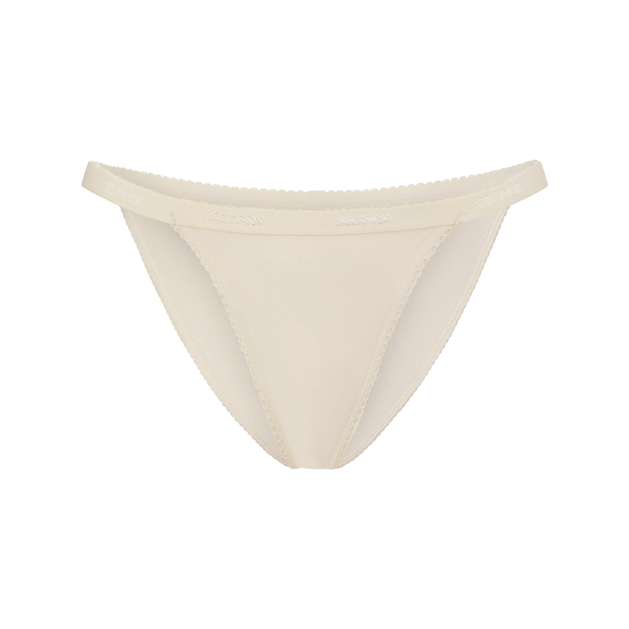 LIGHTWEIGHT COTTON LOGO PICOT STRING BIKINI | BUTTER TONAL FLAT ON A WHITE BACKGROUND | FLT
