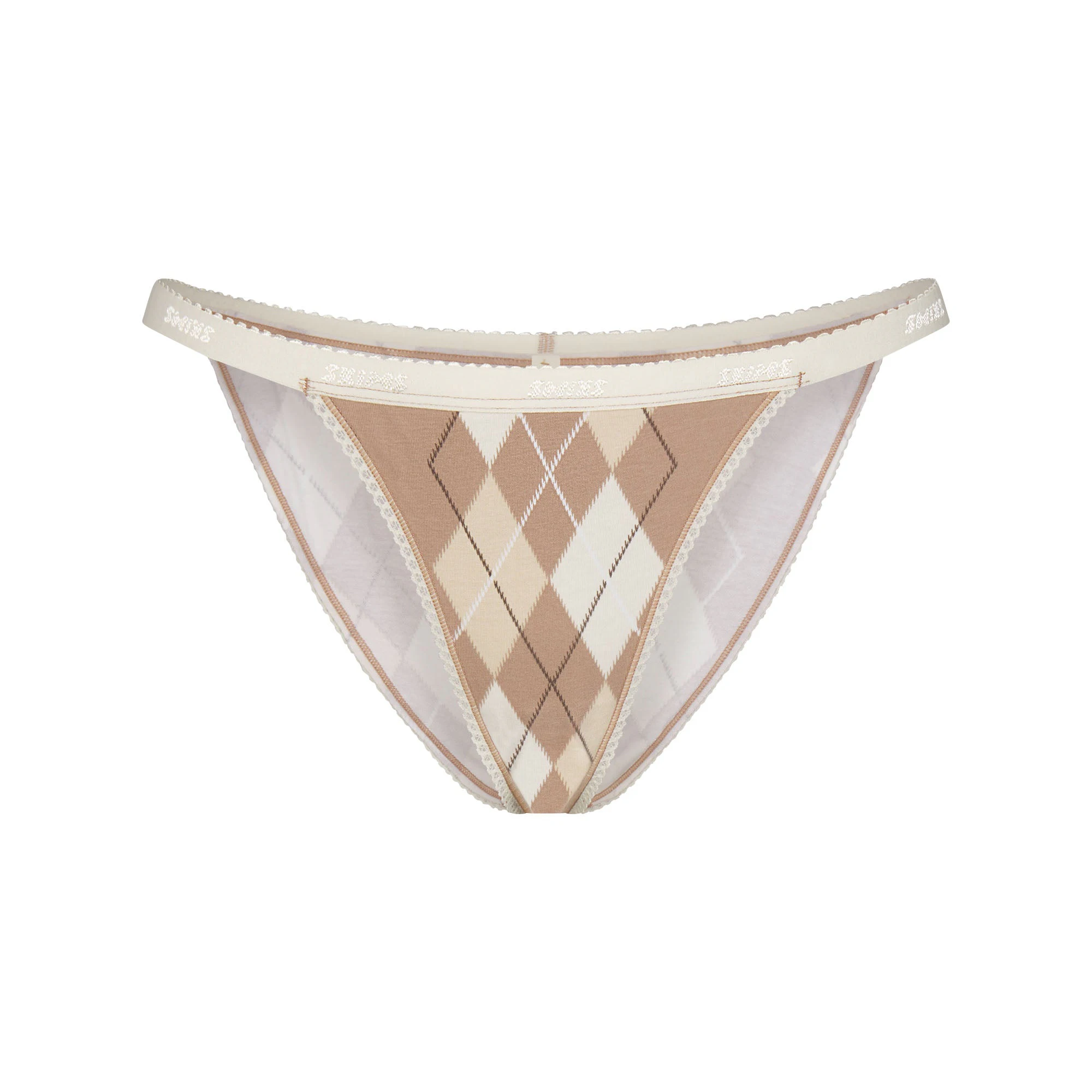 LIGHTWEIGHT COTTON LOGO PICOT STRING BIKINI | CAFE ARGYLE PRINT & LAYS FLAT ON A WHITE BACKGROUND | FLT