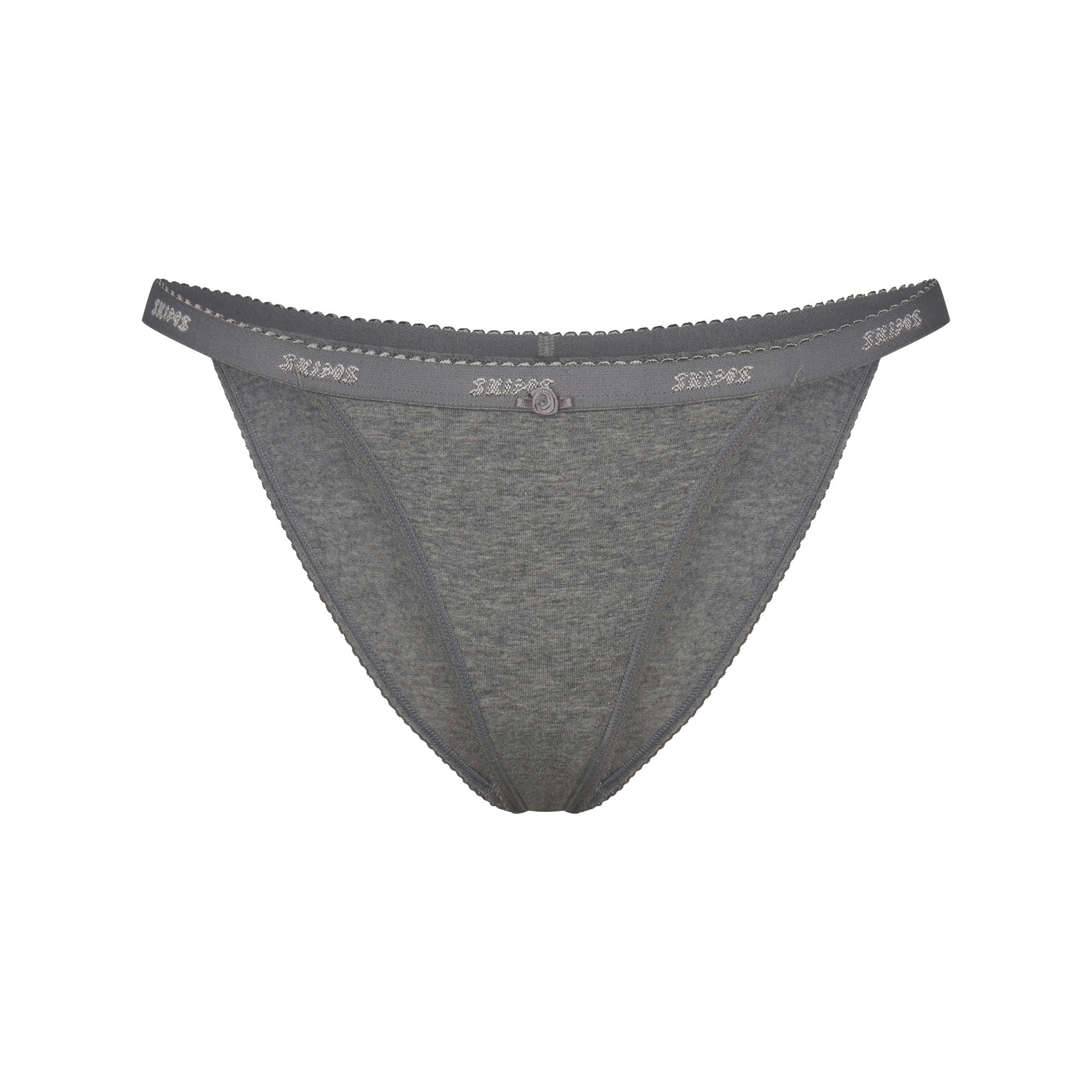 LIGHTWEIGHT COTTON LOGO PICOT STRING BIKINI | DARK HEATHER GREY FLAT ON A WHITE BACKGROUND | FLT