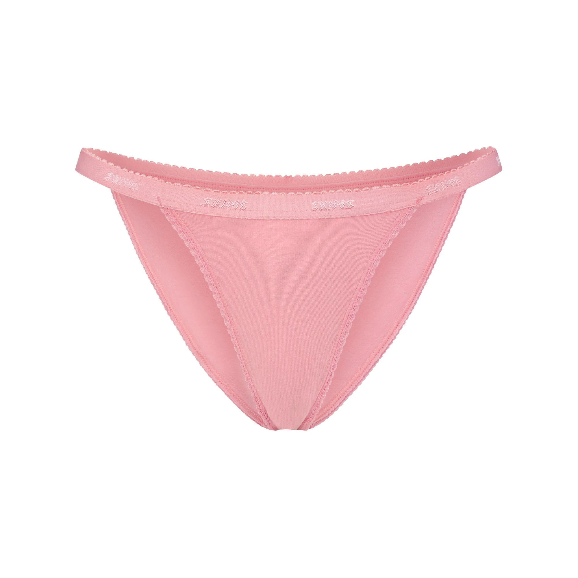 LIGHTWEIGHT COTTON LOGO PICOT STRING BIKINI | MELON TONAL FLAT ON A WHITE BACKGROUND | FLT