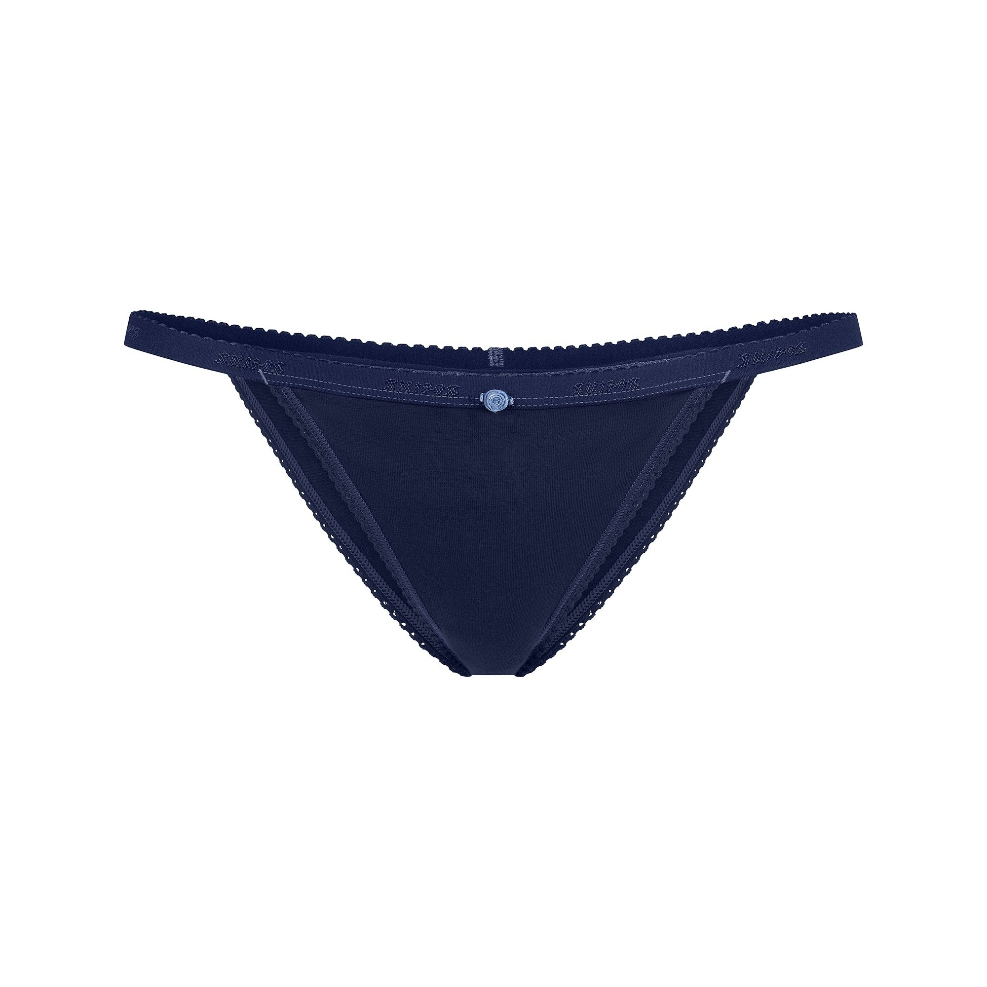 LIGHTWEIGHT COTTON LOGO PICOT STRING BIKINI | NAVY TONAL FLAT ON A WHITE BACKGROUND | FLT