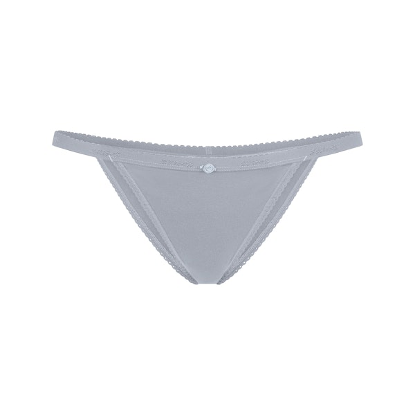 LIGHTWEIGHT COTTON LOGO PICOT STRING BIKINI | PEARL TONAL FLAT ON A WHITE BACKGROUND | FLT