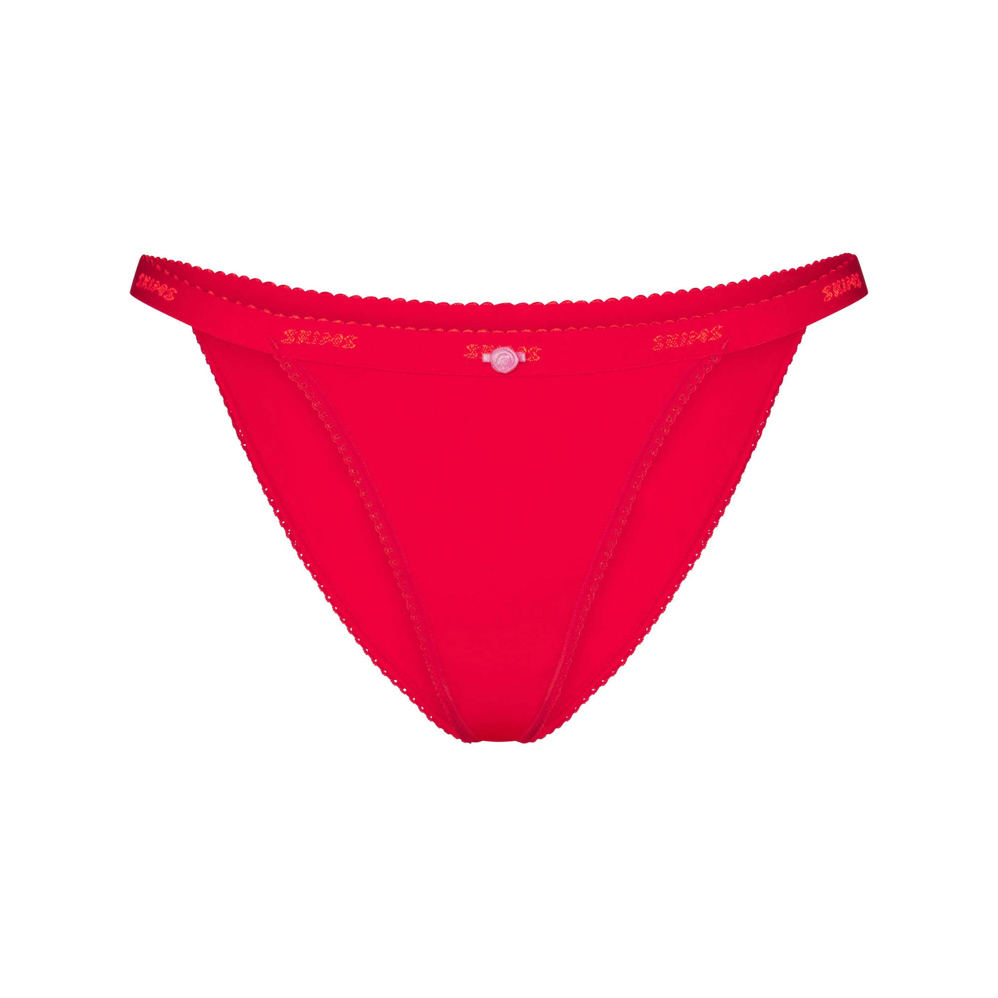 LIGHTWEIGHT COTTON LOGO PICOT STRING BIKINI | RUBY TONAL FLAT ON A WHITE BACKGROUND | FLT